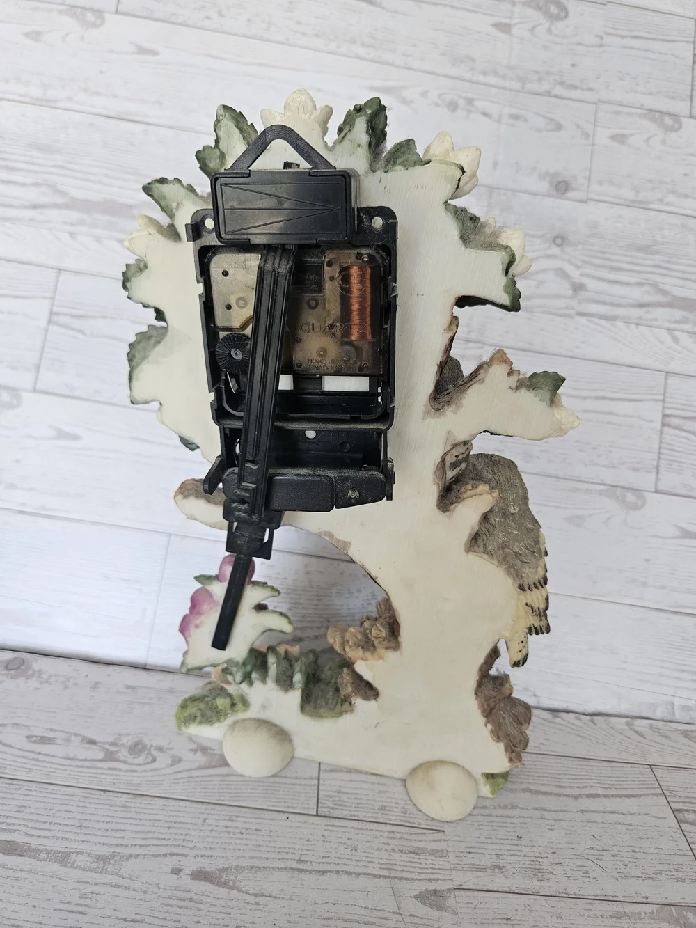 Vintage Resincraft Owl Table Clock - Hand-Painted Double Owls & Flowers Decor